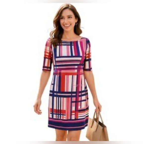 Eliza J Multi Colored Abstract Lines 3/4 Sleeve Lined Jersey Sheath Dress Size 8 - Picture 1 of 11